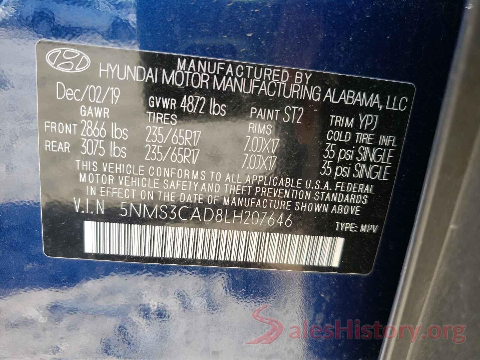 5NMS3CAD8LH207646 2020 HYUNDAI SANTA FE