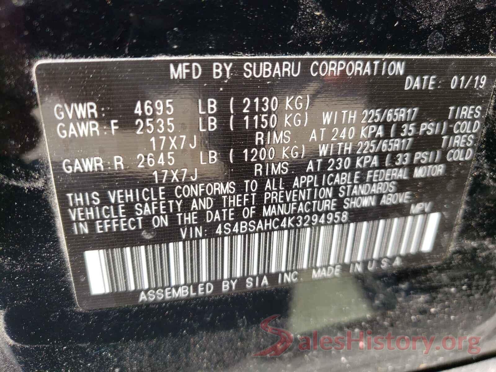 4S4BSAHC4K3294958 2019 SUBARU OUTBACK