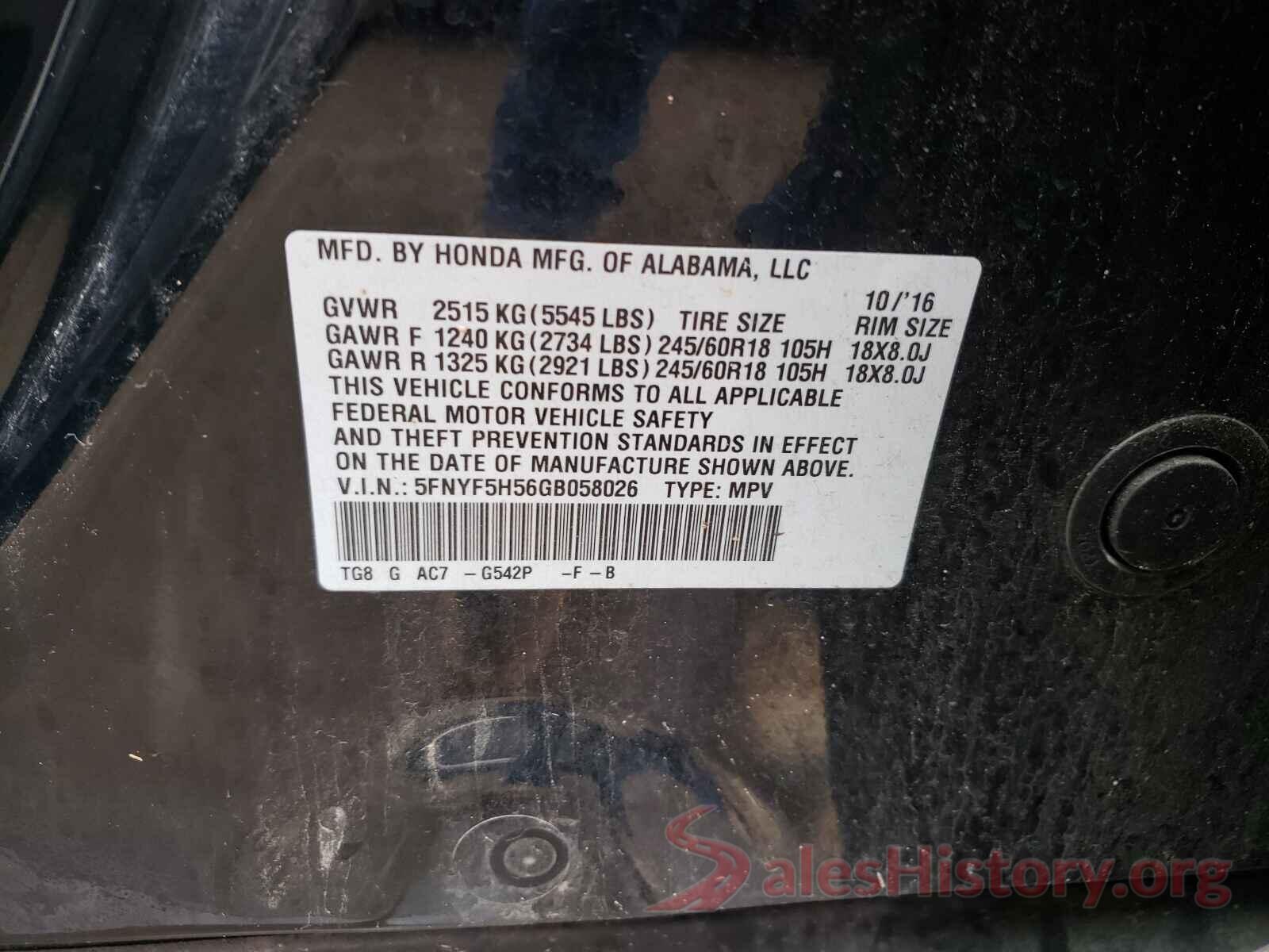 5FNYF5H56GB058026 2016 HONDA PILOT