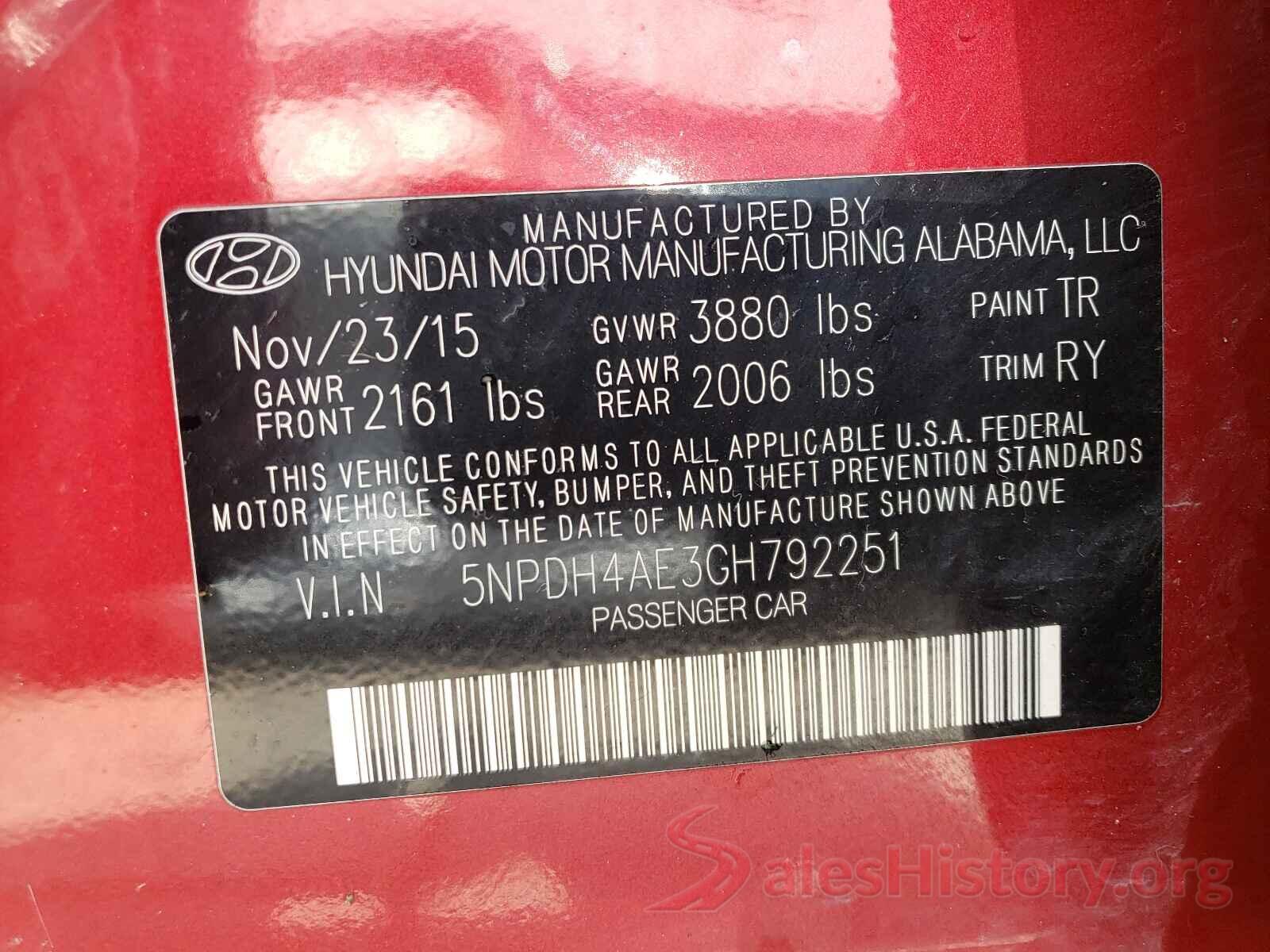 5NPDH4AE3GH792251 2016 HYUNDAI ELANTRA