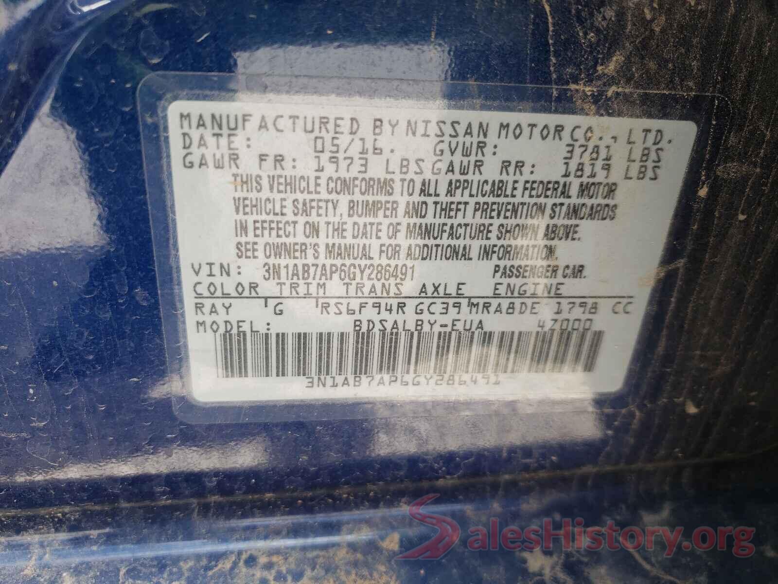 3N1AB7AP6GY286491 2016 NISSAN SENTRA