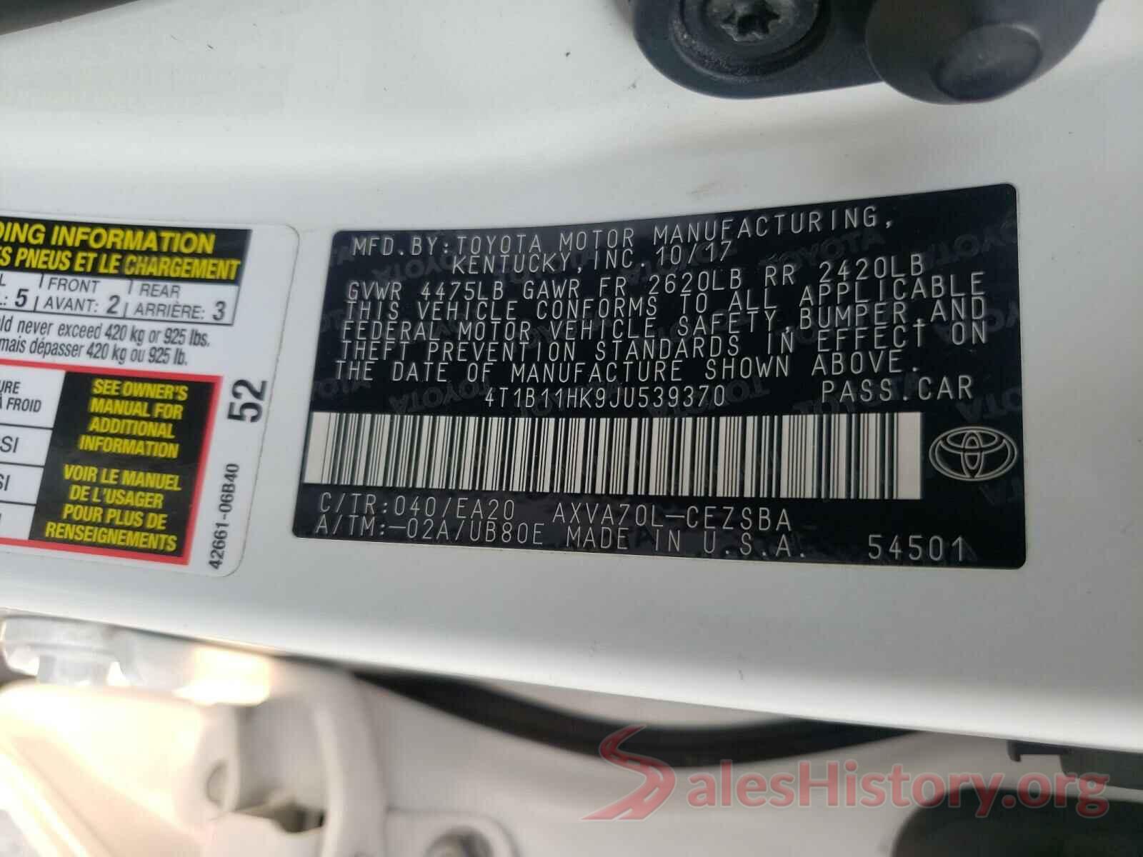 4T1B11HK9JU539370 2018 TOYOTA CAMRY