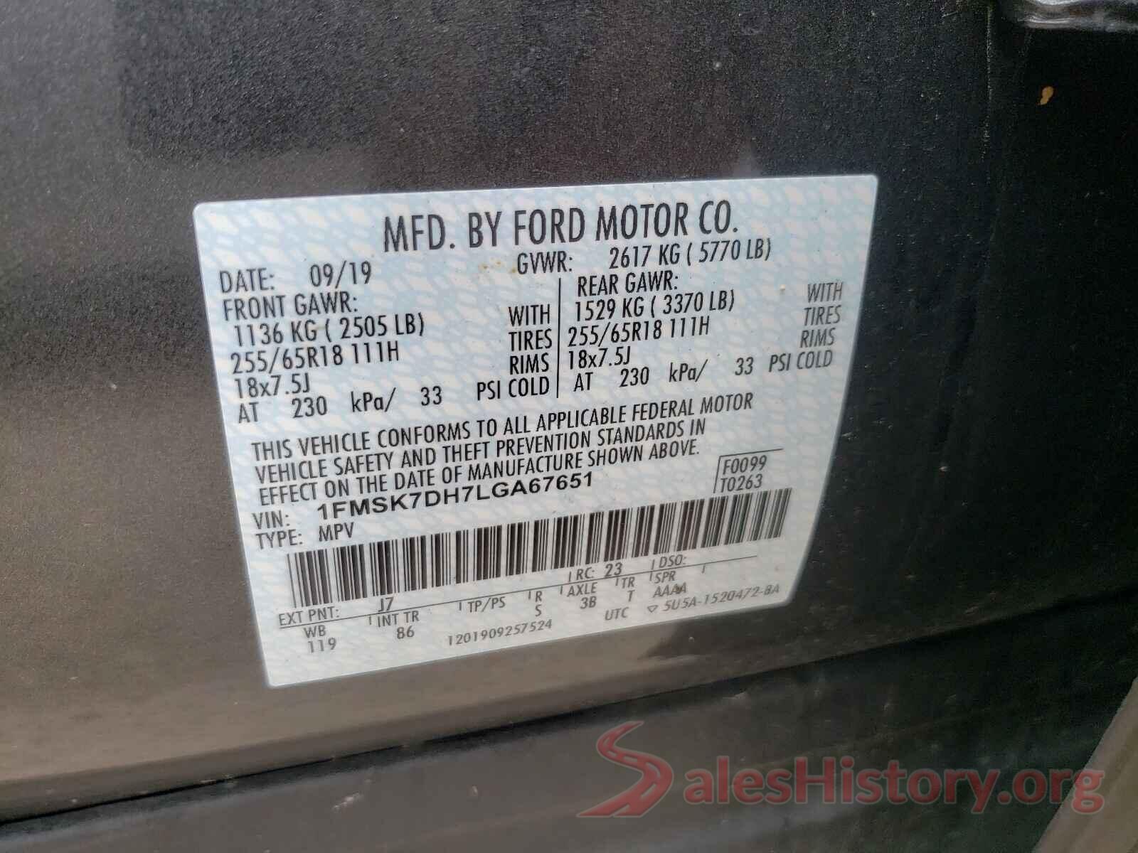 1FMSK7DH7LGA67651 2020 FORD EXPLORER