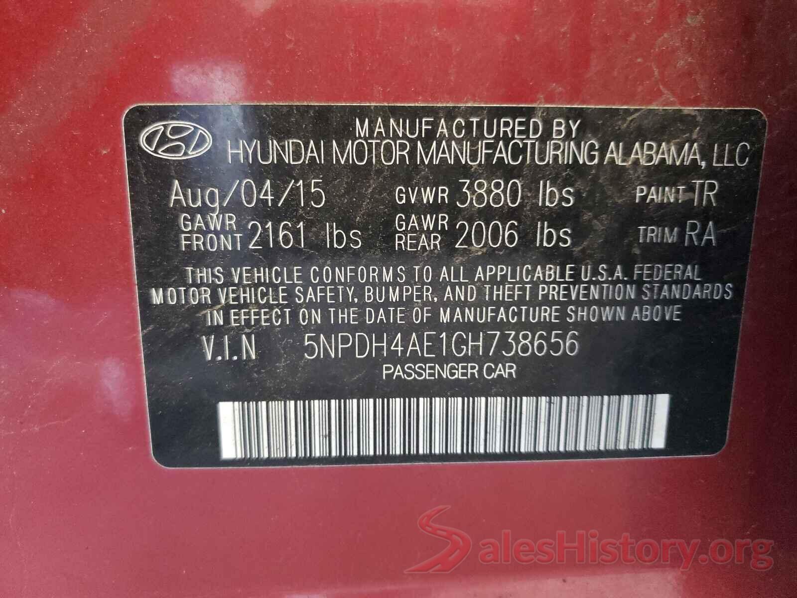 5NPDH4AE1GH738656 2016 HYUNDAI ELANTRA