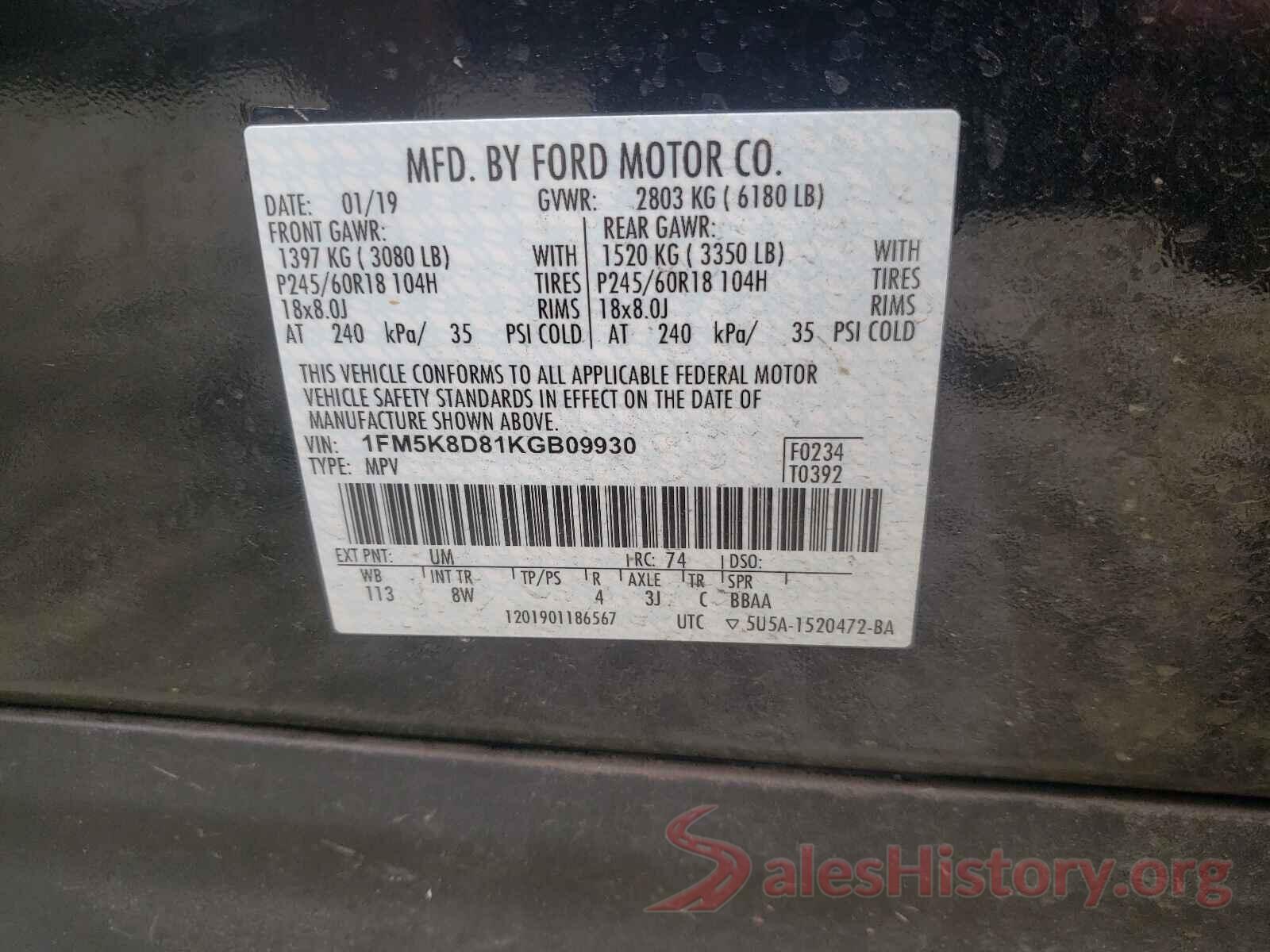 1FM5K8D81KGB09930 2019 FORD EXPLORER