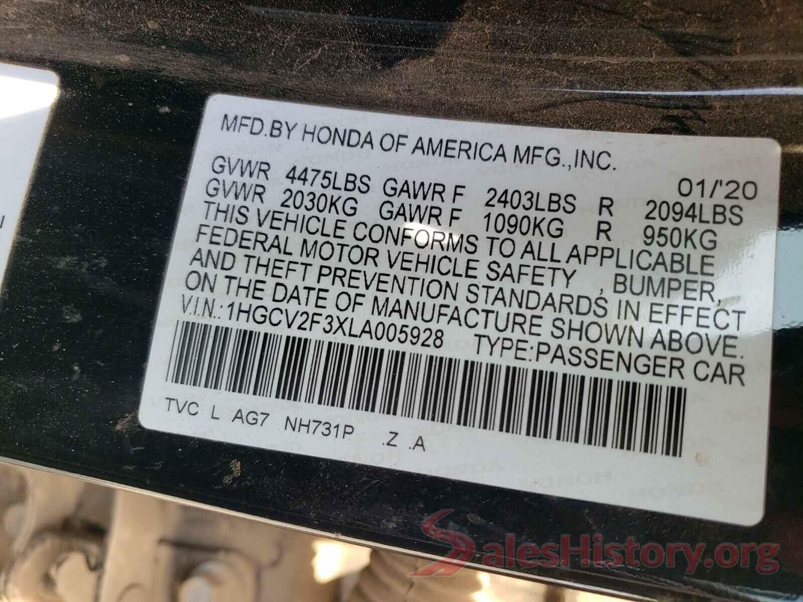 1HGCV2F3XLA005928 2020 HONDA ACCORD