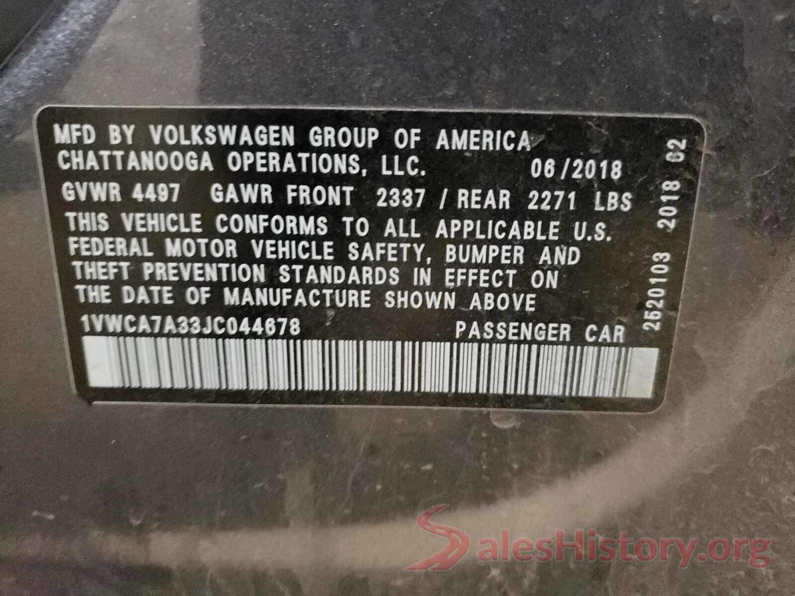 1VWCA7A33JC044678 2018 VOLKSWAGEN PASSAT