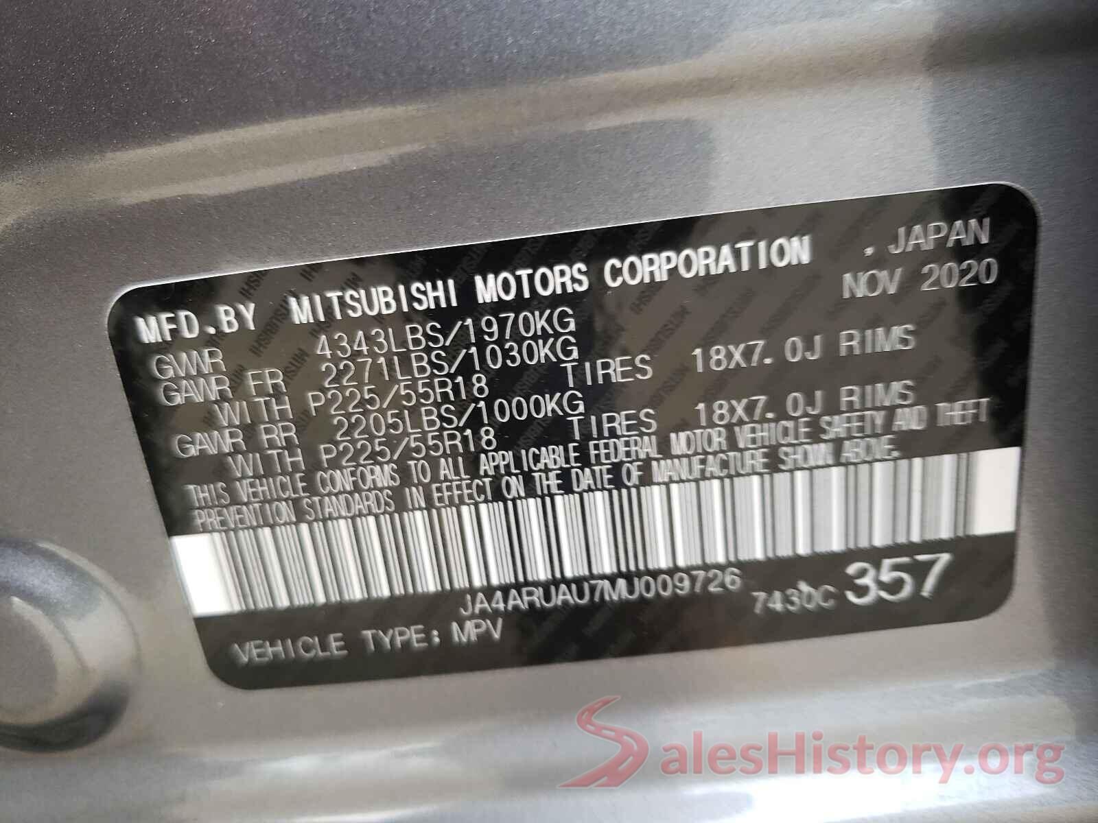 JA4ARUAU7MU009726 2021 MITSUBISHI OUTLANDER