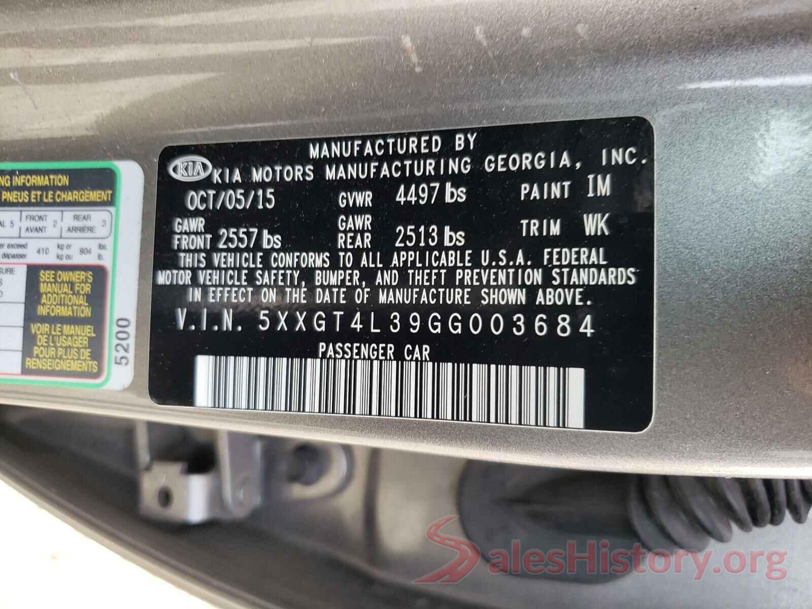 5XXGT4L39GG003684 2016 KIA OPTIMA