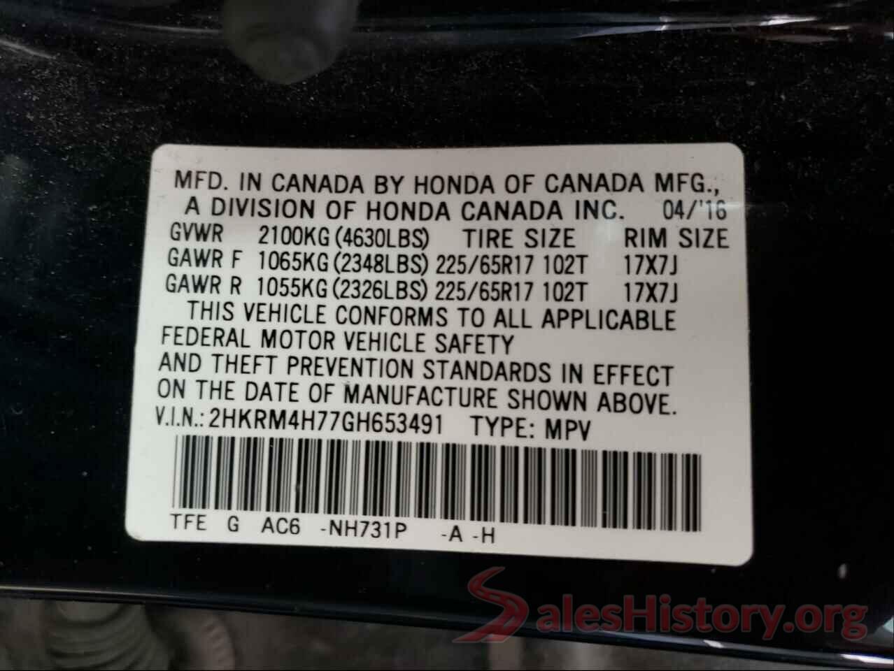 2HKRM4H77GH653491 2016 HONDA CRV