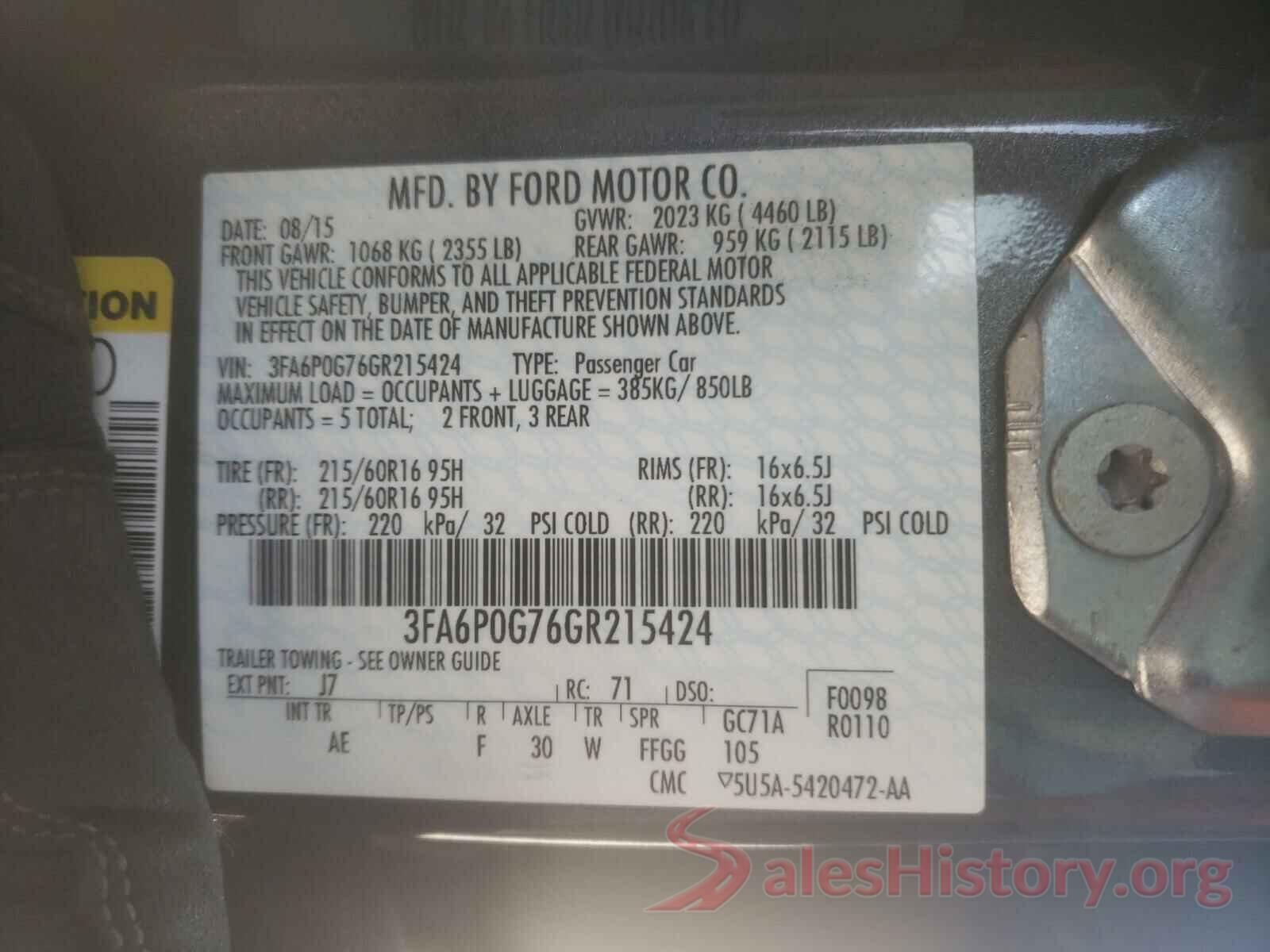 3FA6P0G76GR215424 2016 FORD FUSION