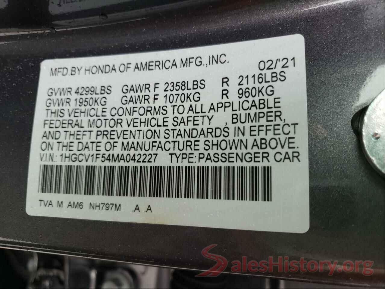 1HGCV1F54MA042227 2021 HONDA ACCORD