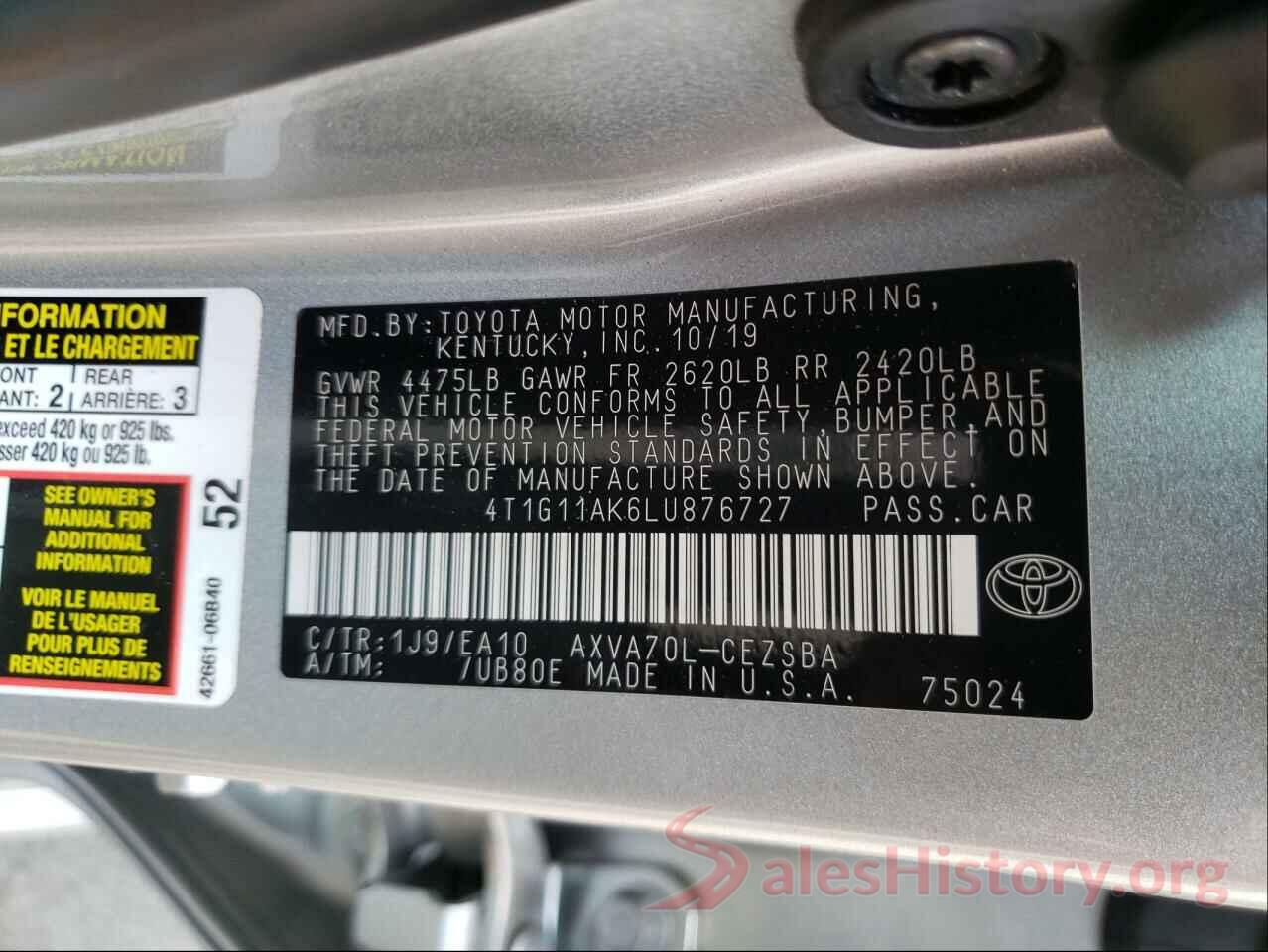 4T1G11AK6LU876727 2020 TOYOTA CAMRY