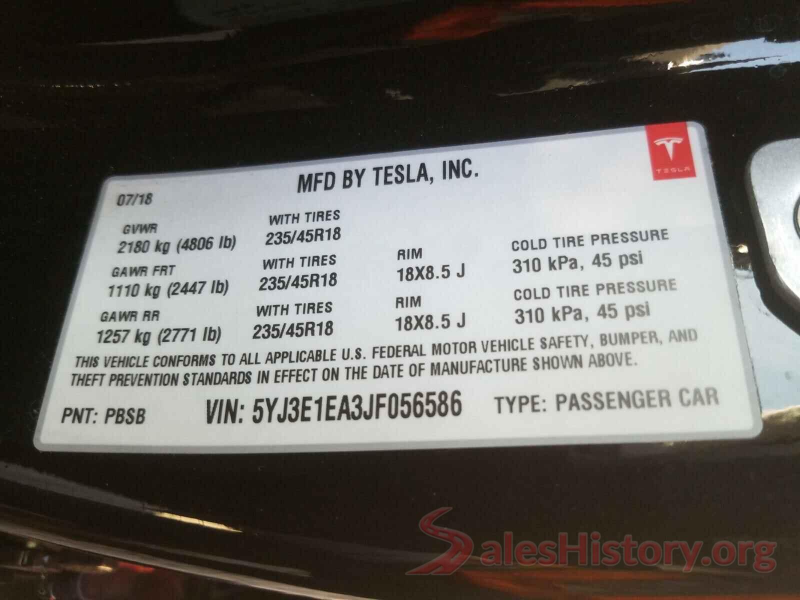 5YJ3E1EA3JF056586 2018 TESLA MODEL 3