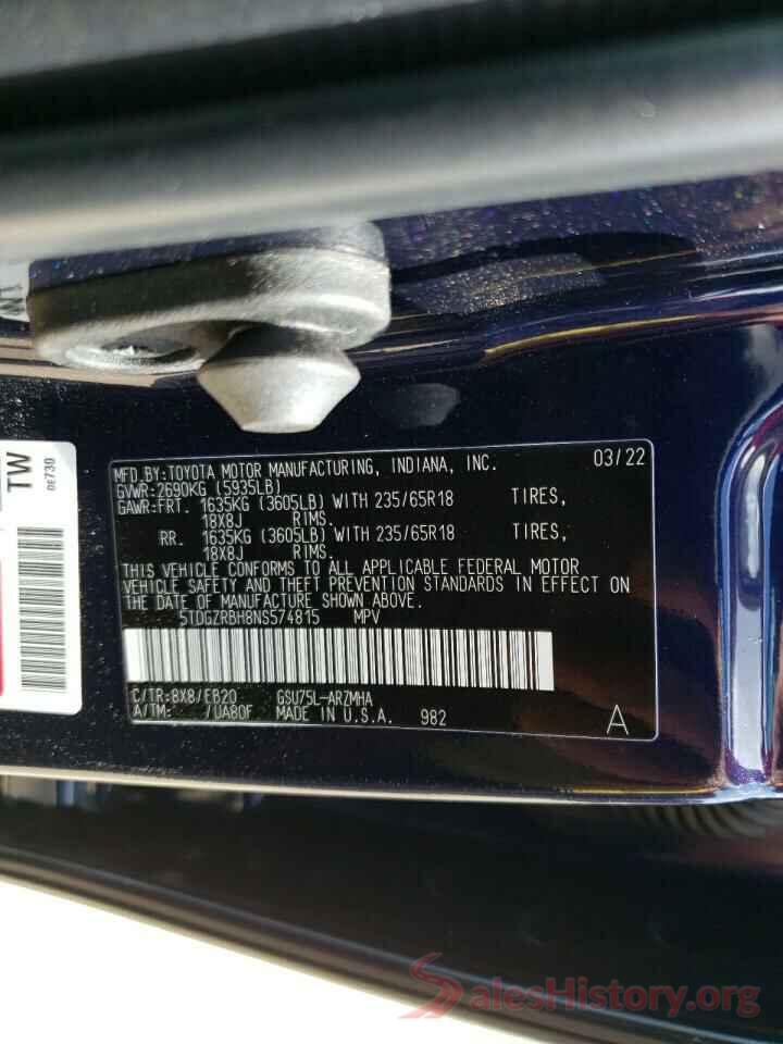 5TDGZRBH8NS574815 2022 TOYOTA HIGHLANDER