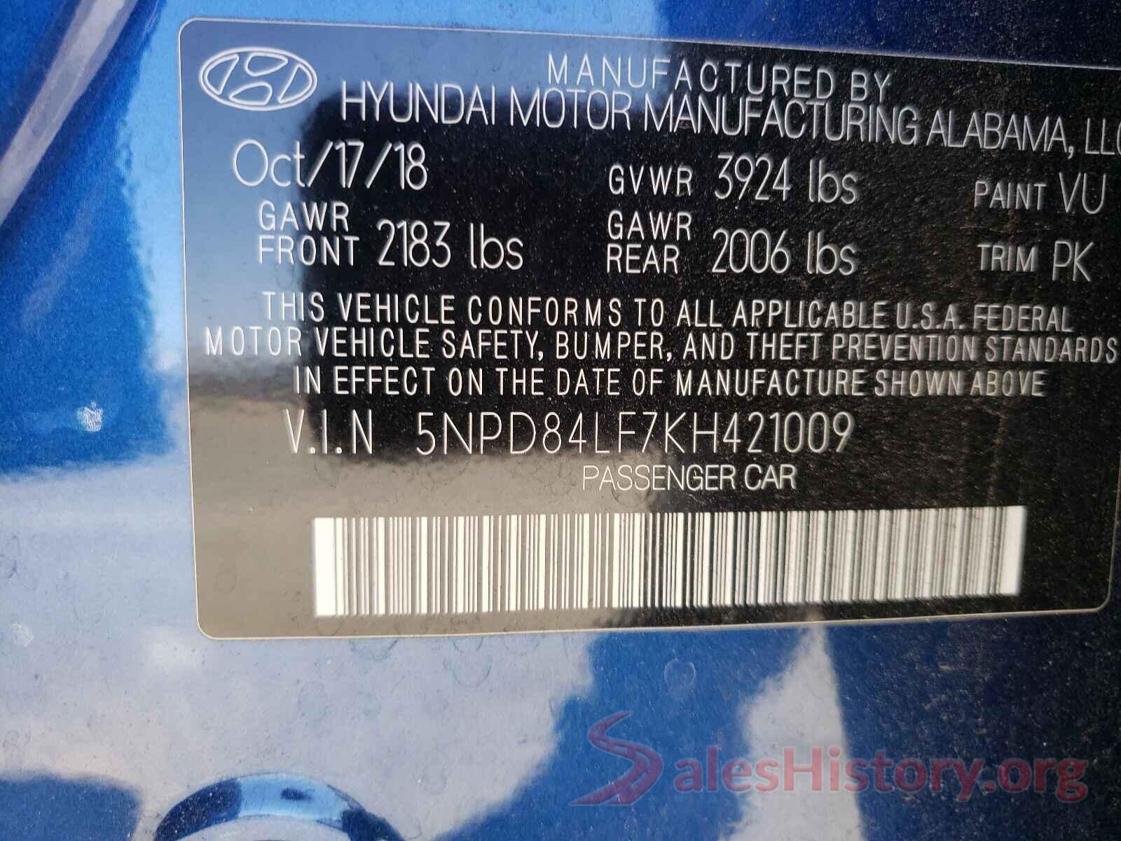 5NPD84LF7KH421009 2019 HYUNDAI ELANTRA