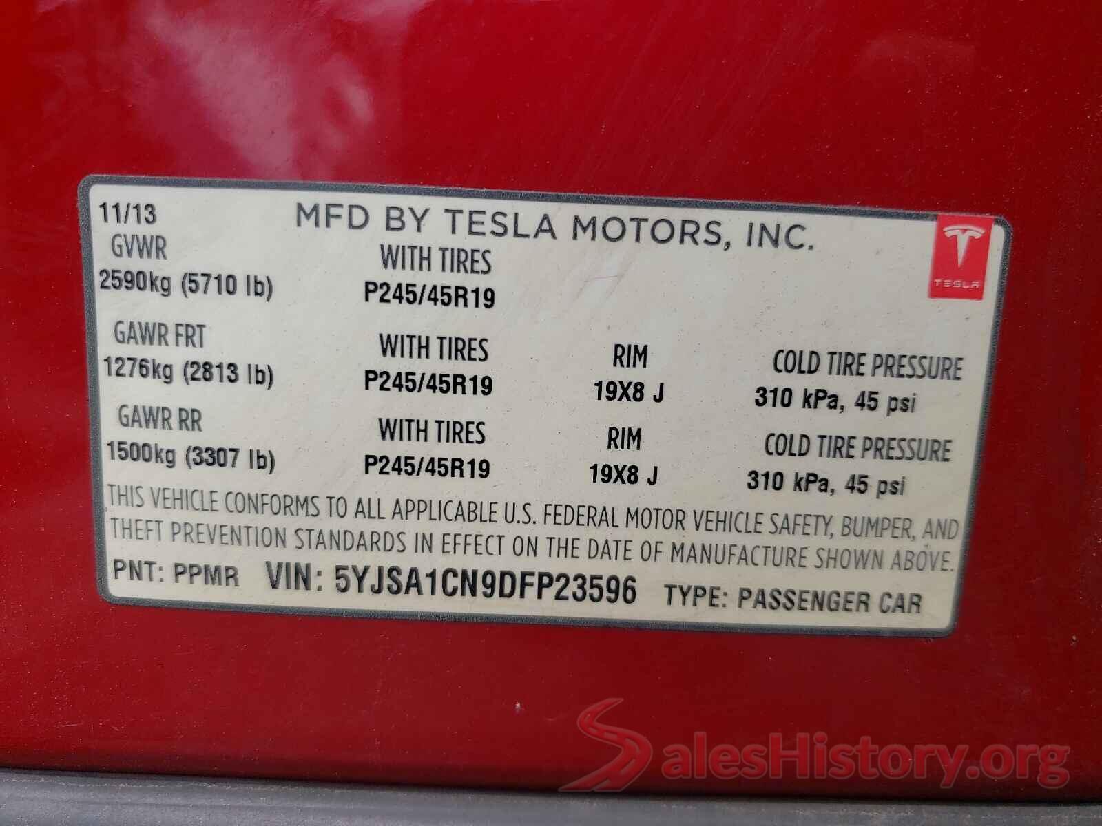 5YJSA1CN9DFP23596 2013 TESLA MODEL S