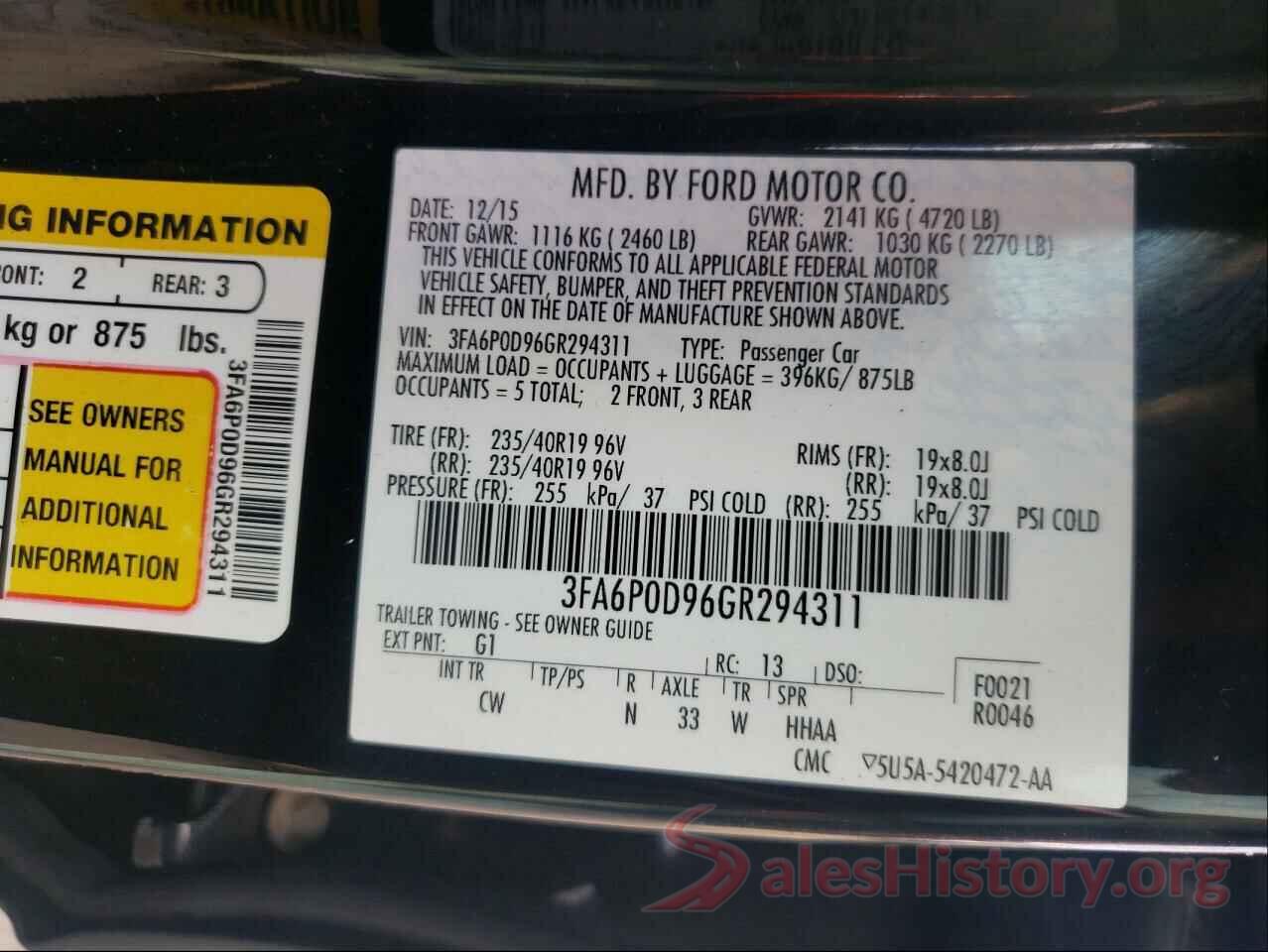 3FA6P0D96GR294311 2016 FORD FUSION