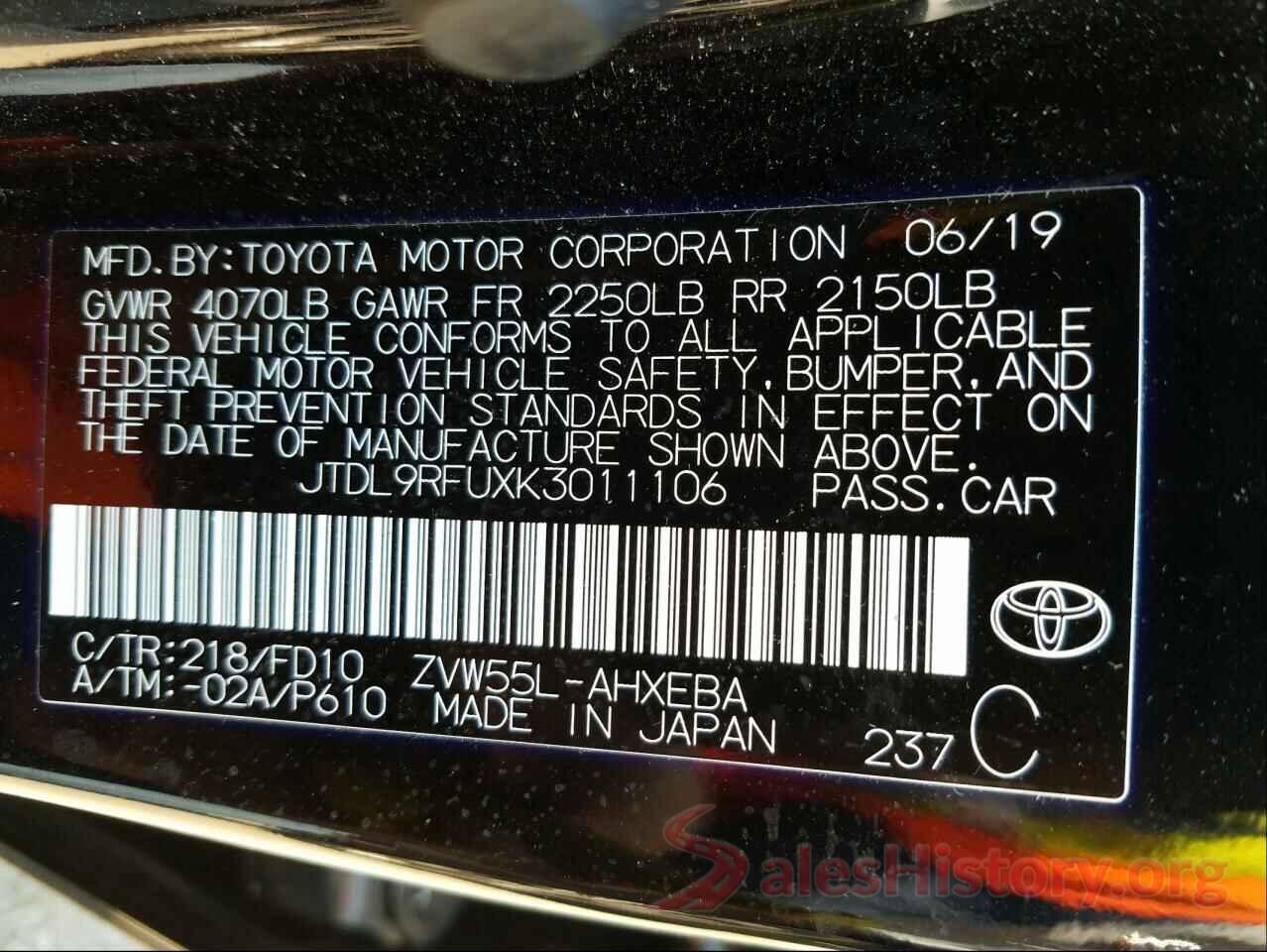 JTDL9RFUXK3011106 2019 TOYOTA PRIUS