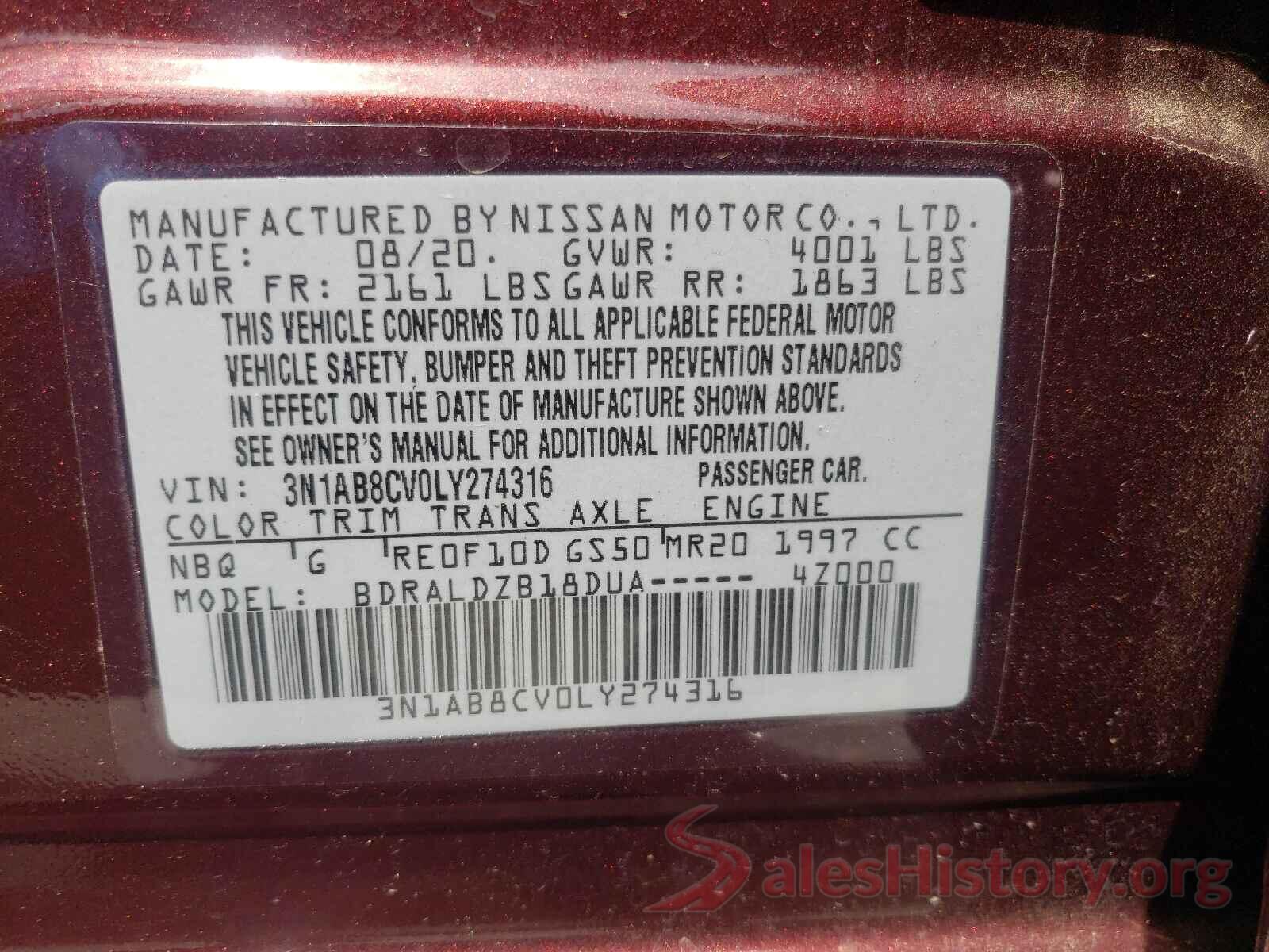 3N1AB8CV0LY274316 2020 NISSAN SENTRA