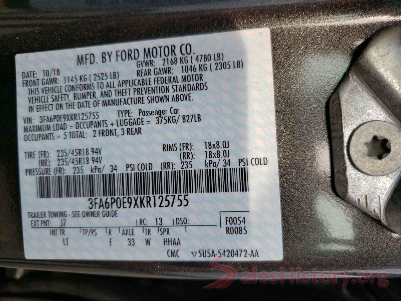 3FA6P0E9XKR125755 2019 FORD FUSION