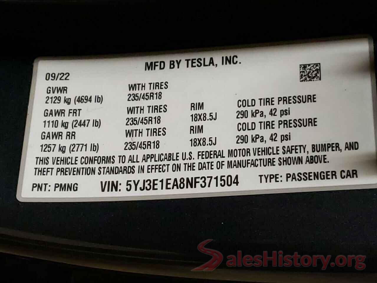 5YJ3E1EA8NF371504 2022 TESLA MODEL 3