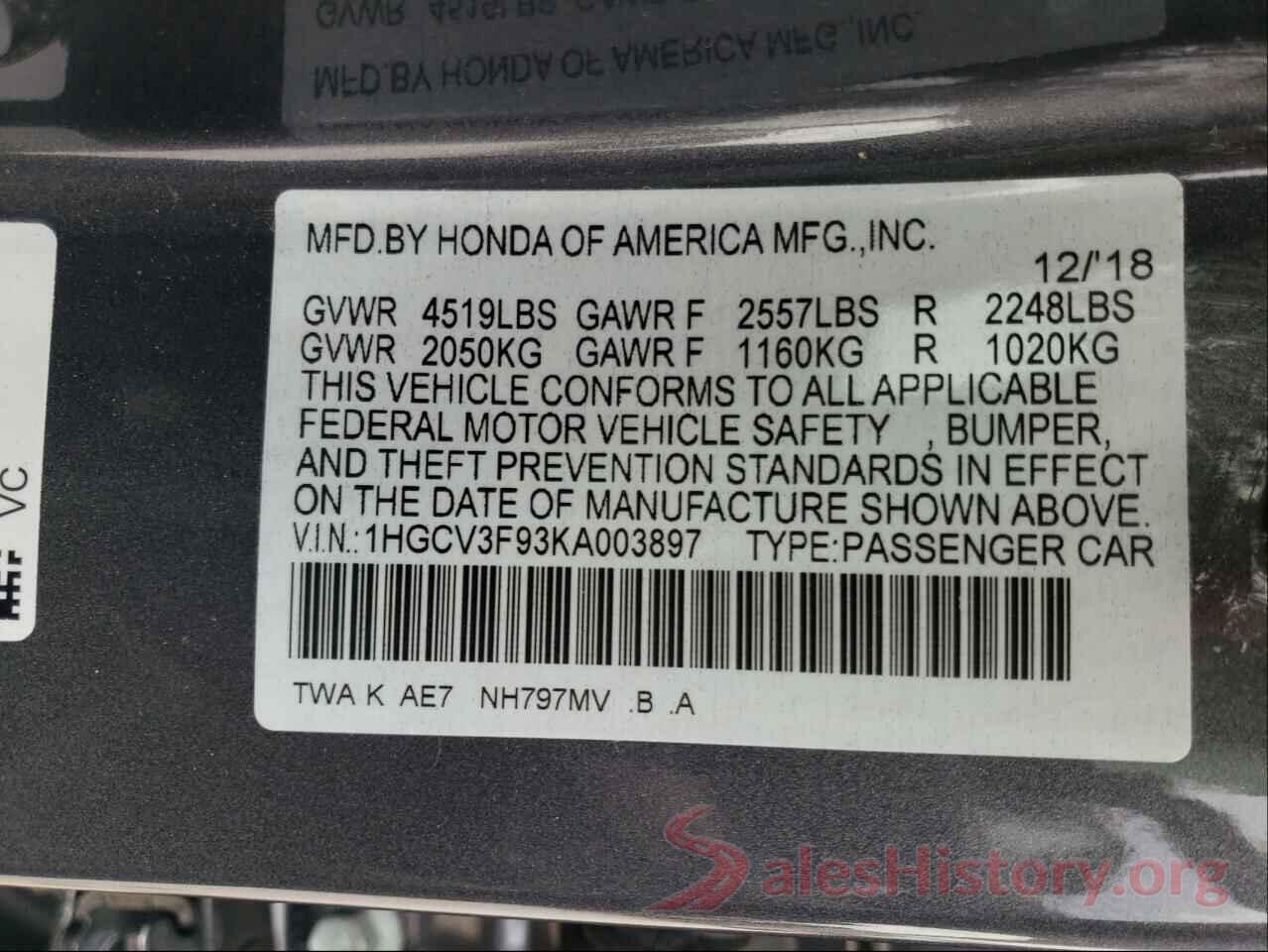 1HGCV3F93KA003897 2019 HONDA ACCORD