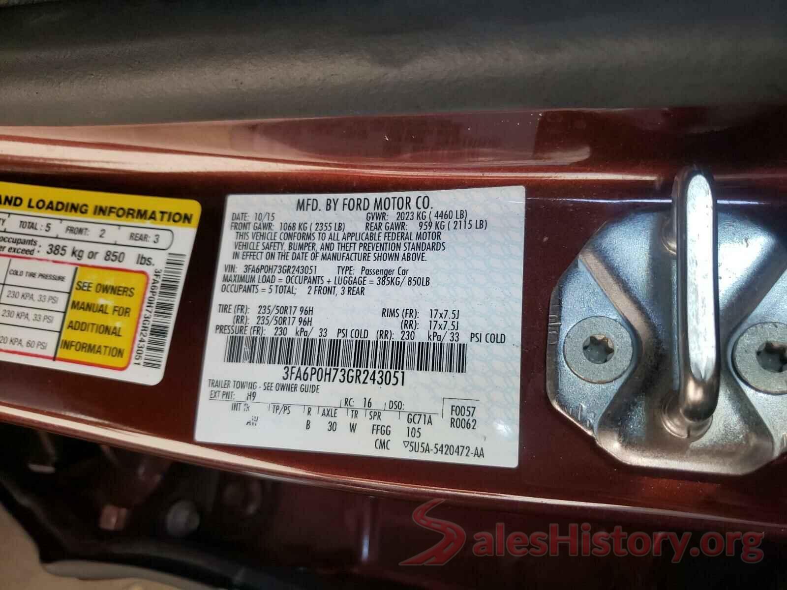 3FA6P0H73GR243051 2016 FORD FUSION