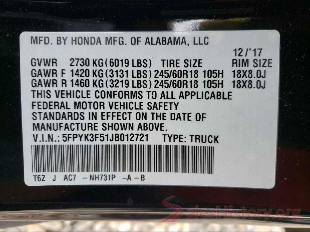 5FPYK3F51JB012721 2018 HONDA RIDGELINE