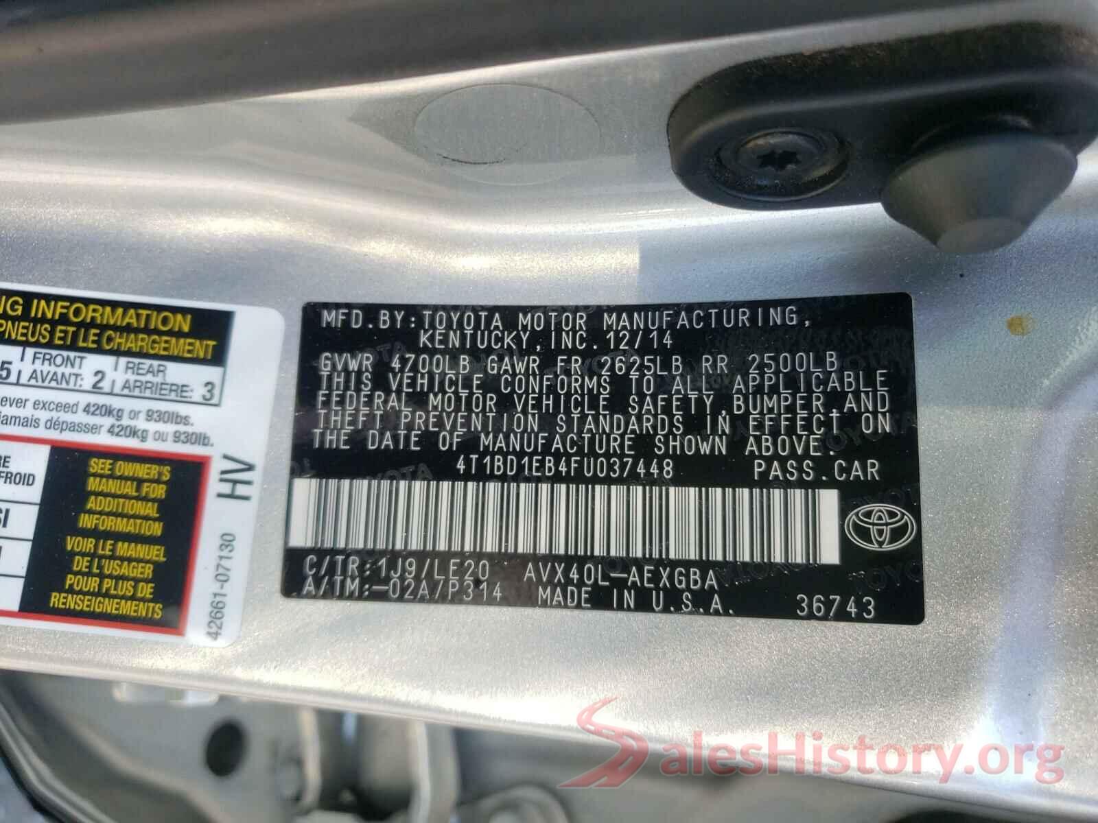 4T1BD1EB4FU037448 2015 TOYOTA AVALON