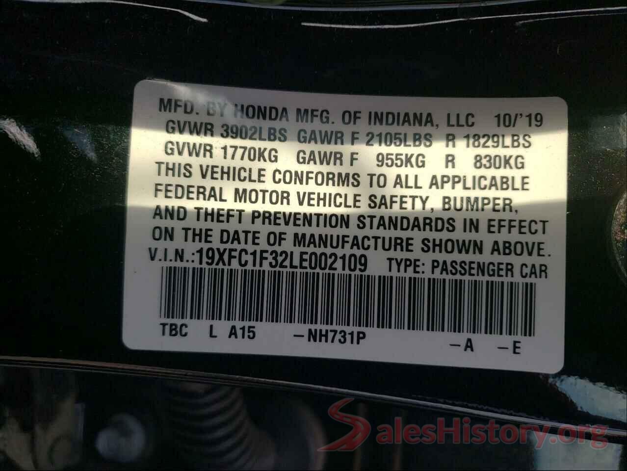 19XFC1F32LE002109 2020 HONDA CIVIC