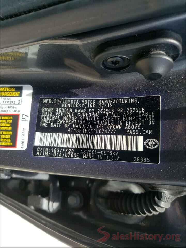 4T1BF1FK6CU070777 2012 TOYOTA CAMRY