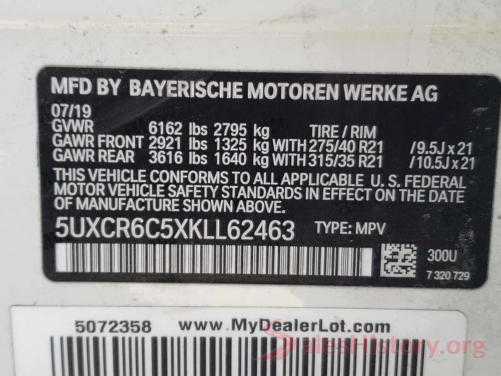 5UXCR6C5XKLL62463 2019 BMW X5