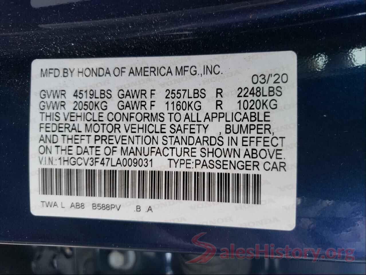 1HGCV3F47LA009031 2020 HONDA ACCORD