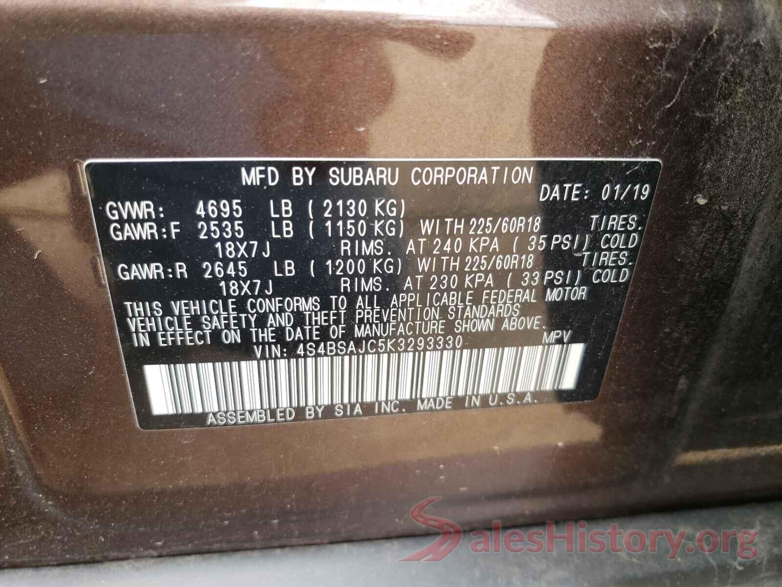 4S4BSAJC5K3293330 2019 SUBARU OUTBACK