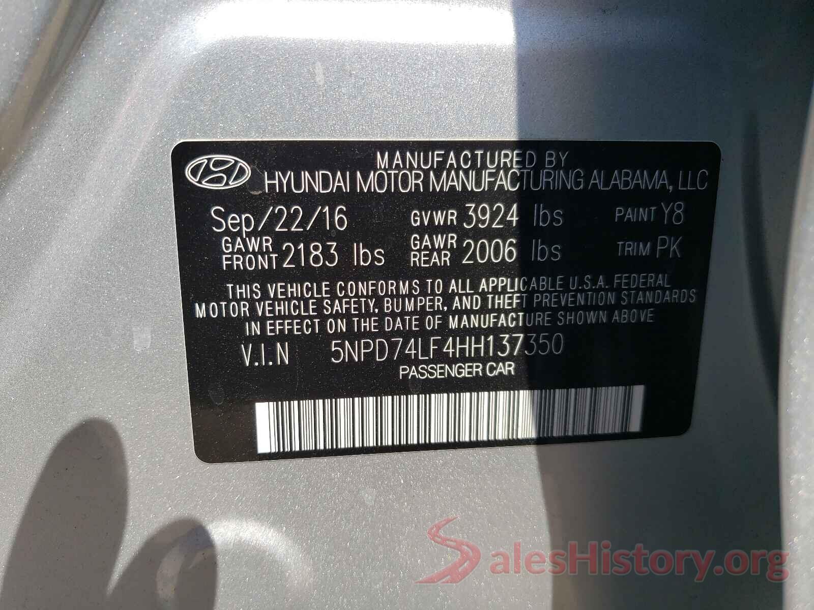 5NPD74LF4HH137350 2017 HYUNDAI ELANTRA