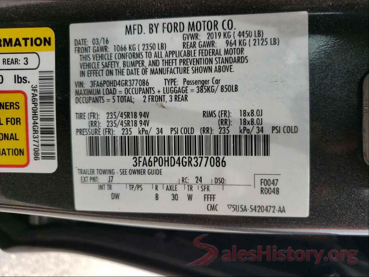 3FA6P0HD4GR377086 2016 FORD FUSION