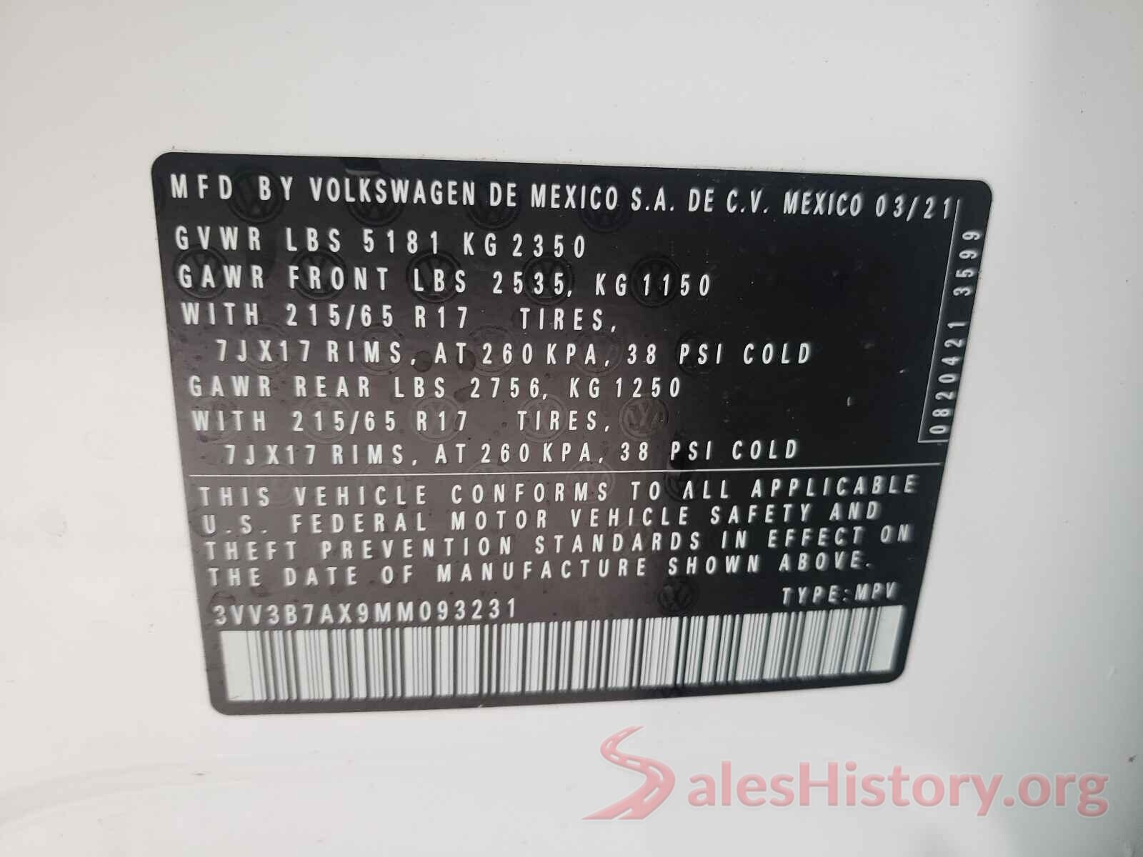 3VV3B7AX9MM093231 2021 VOLKSWAGEN TIGUAN