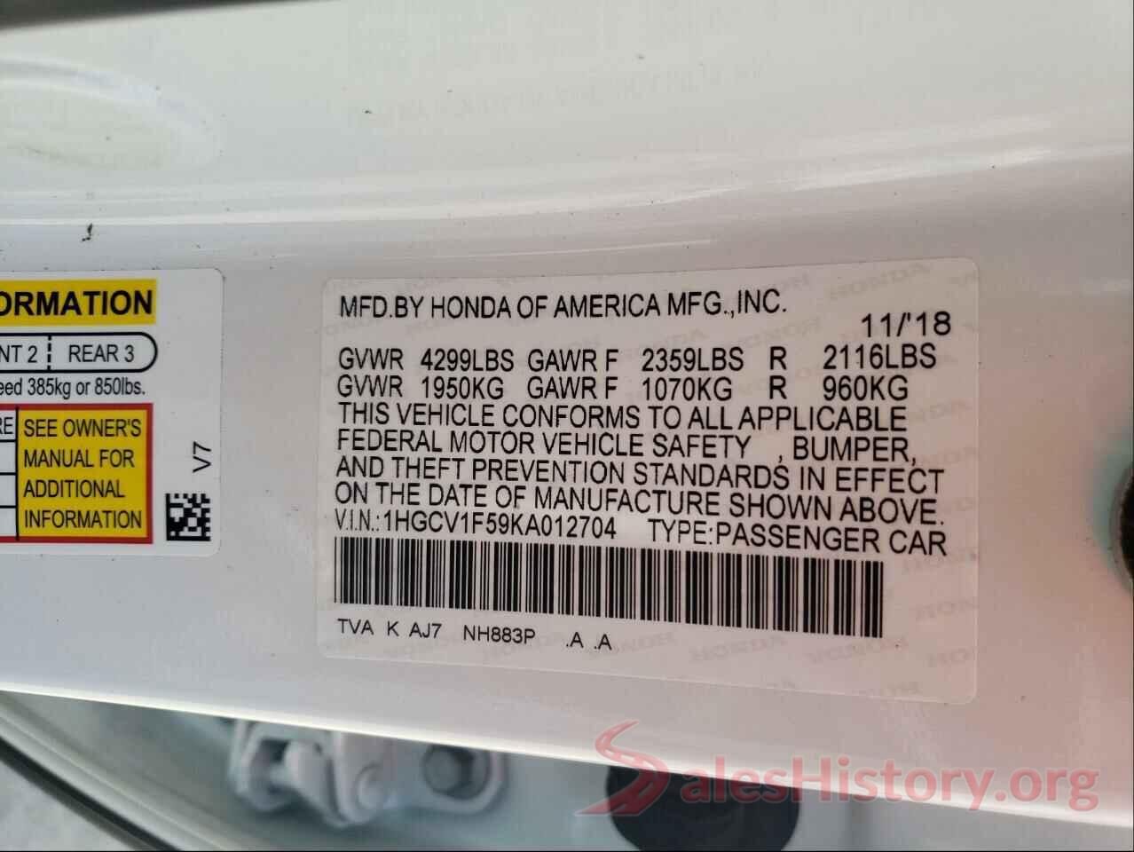 1HGCV1F59KA012704 2019 HONDA ACCORD