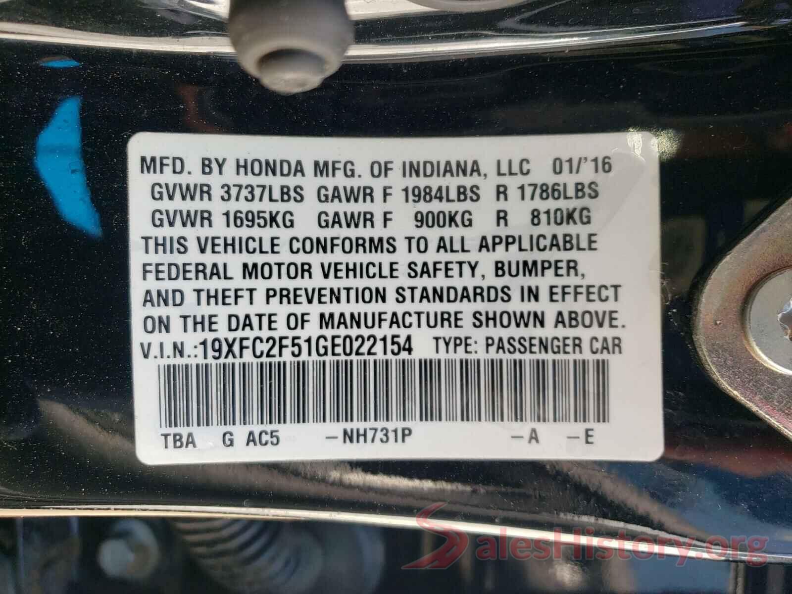 19XFC2F51GE022154 2016 HONDA CIVIC