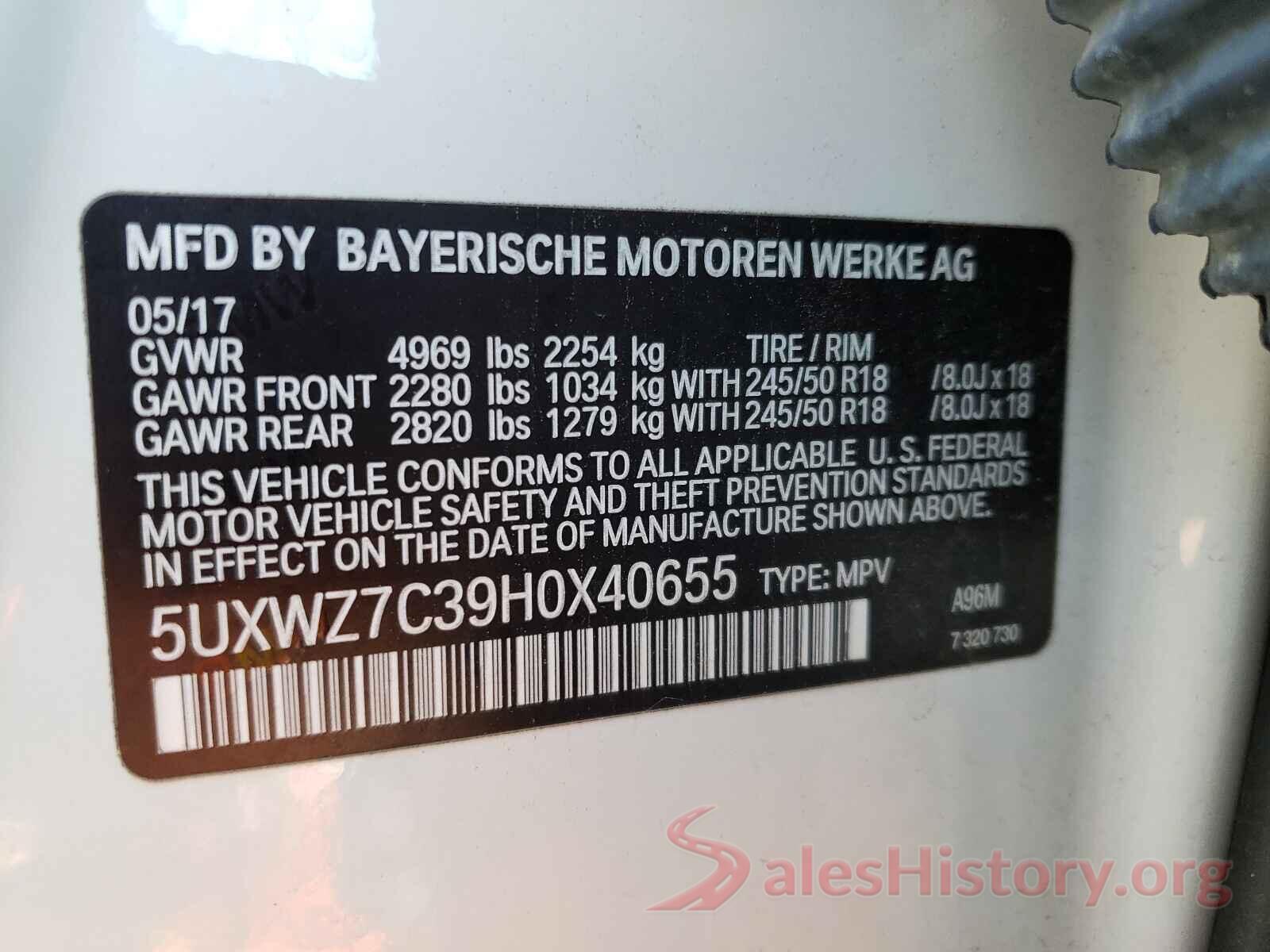 5UXWZ7C39H0X40655 2017 BMW X3