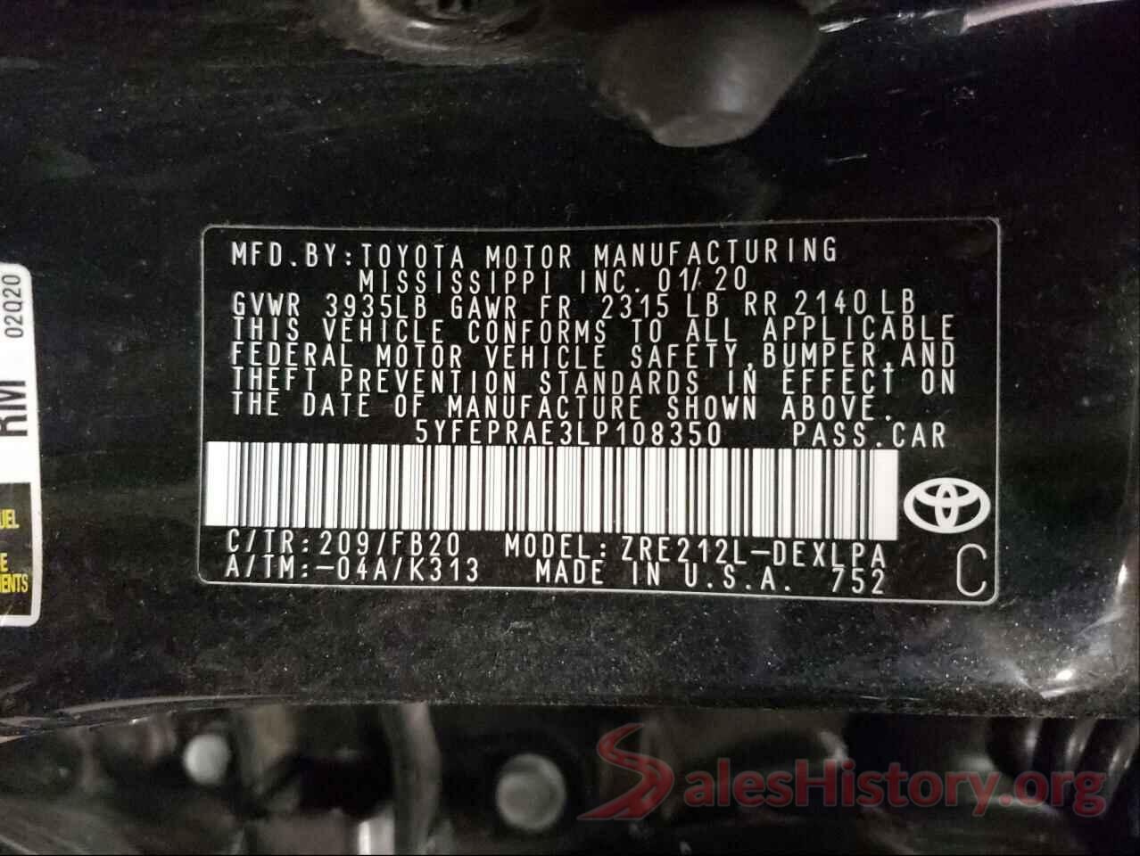 5YFEPRAE3LP108350 2020 TOYOTA COROLLA