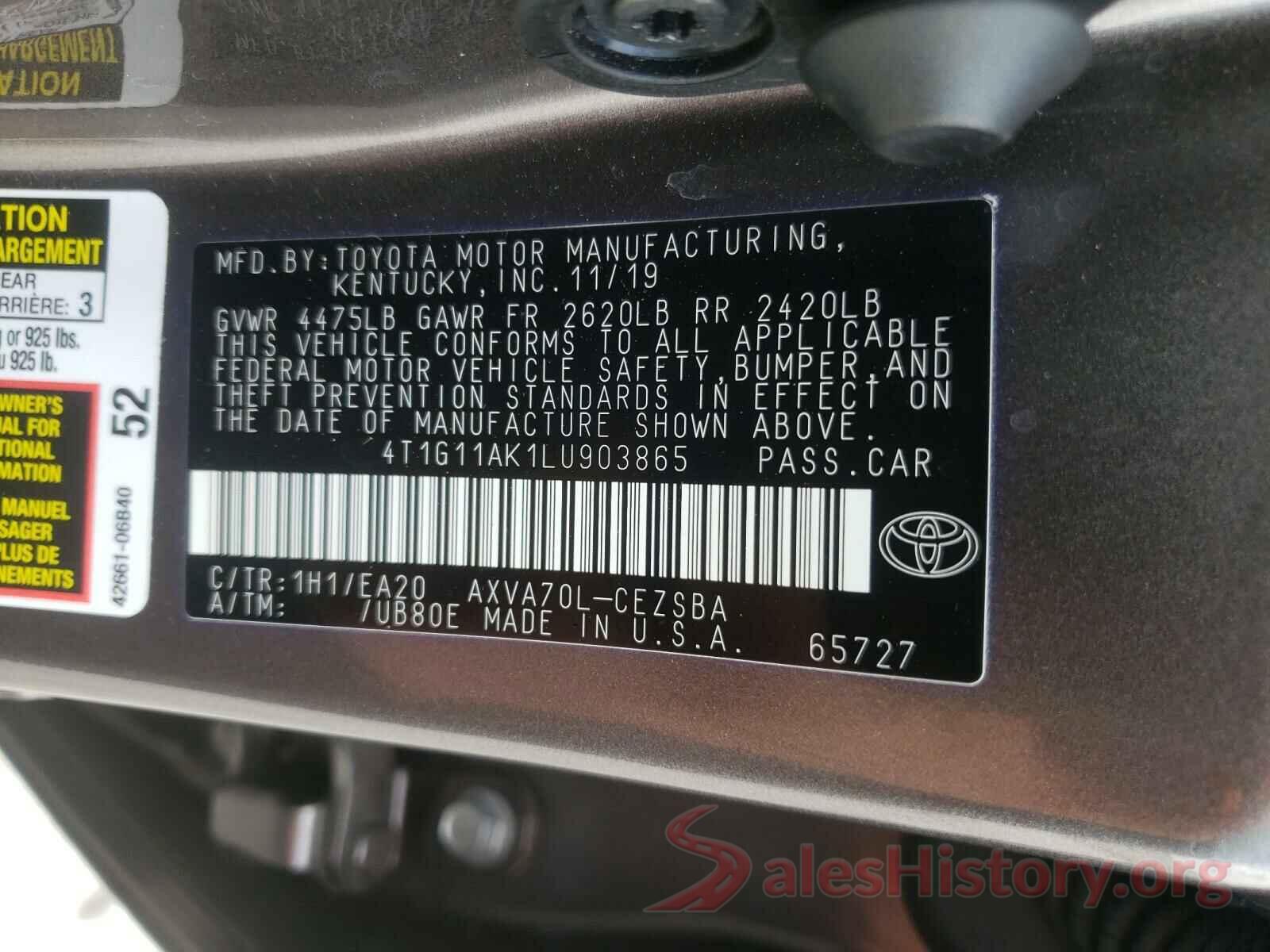 4T1G11AK1LU903865 2020 TOYOTA CAMRY