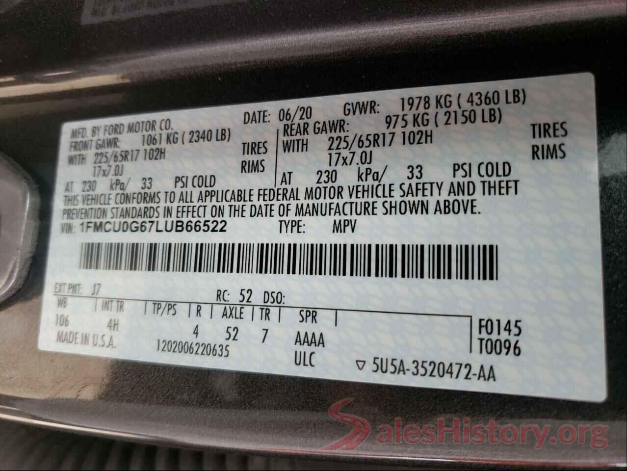 1FMCU0G67LUB66522 2020 FORD ESCAPE