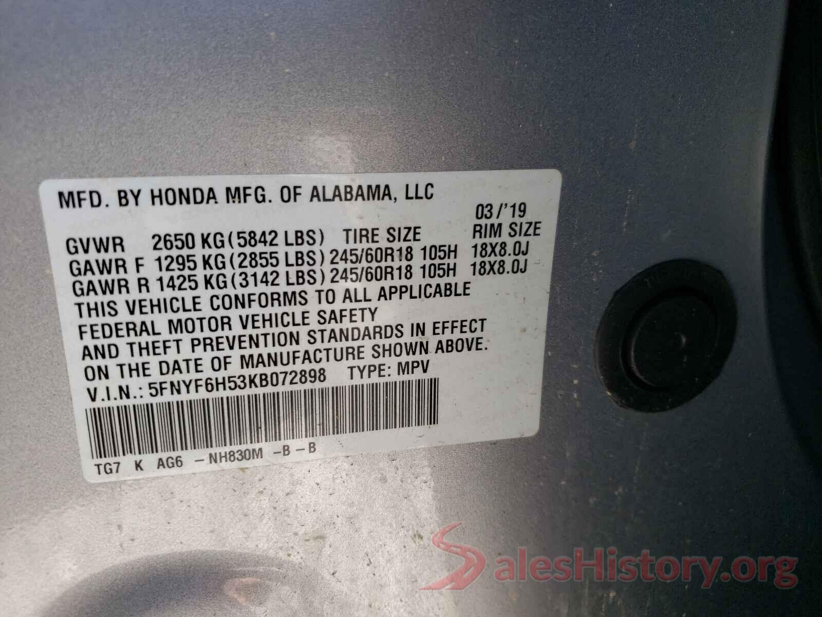 5FNYF6H53KB072898 2019 HONDA PILOT