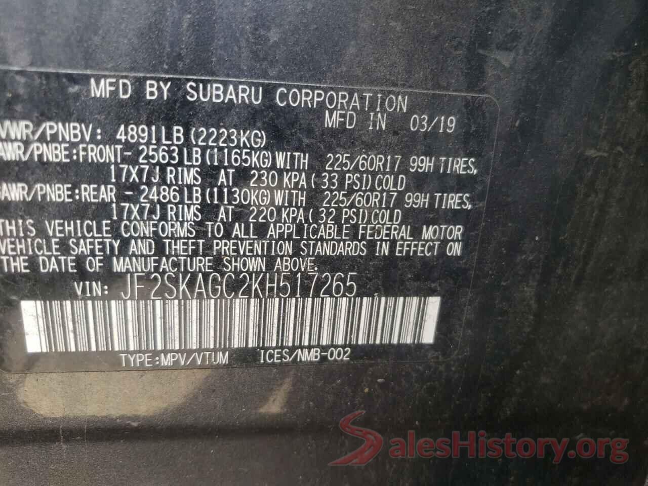 JF2SKAGC2KH517265 2019 SUBARU FORESTER