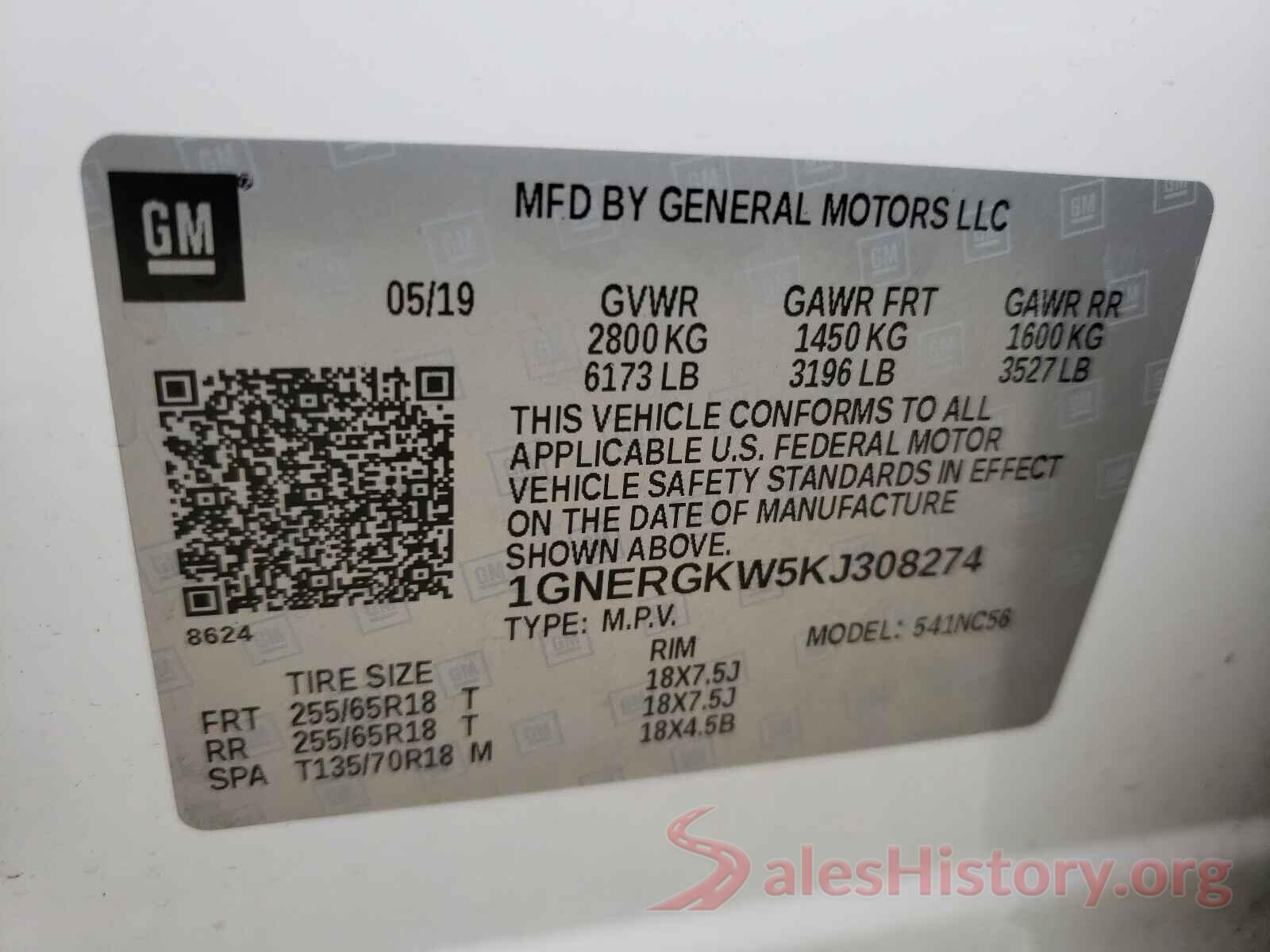 1GNERGKW5KJ308274 2019 CHEVROLET TRAVERSE