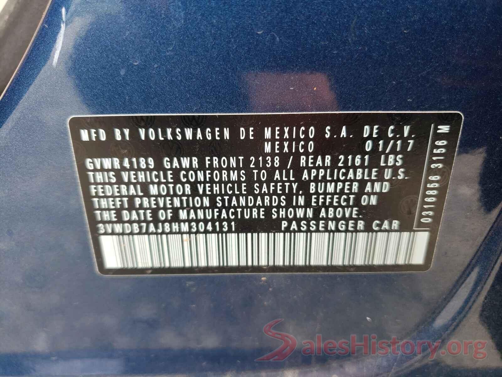 3VWDB7AJ8HM304131 2017 VOLKSWAGEN JETTA