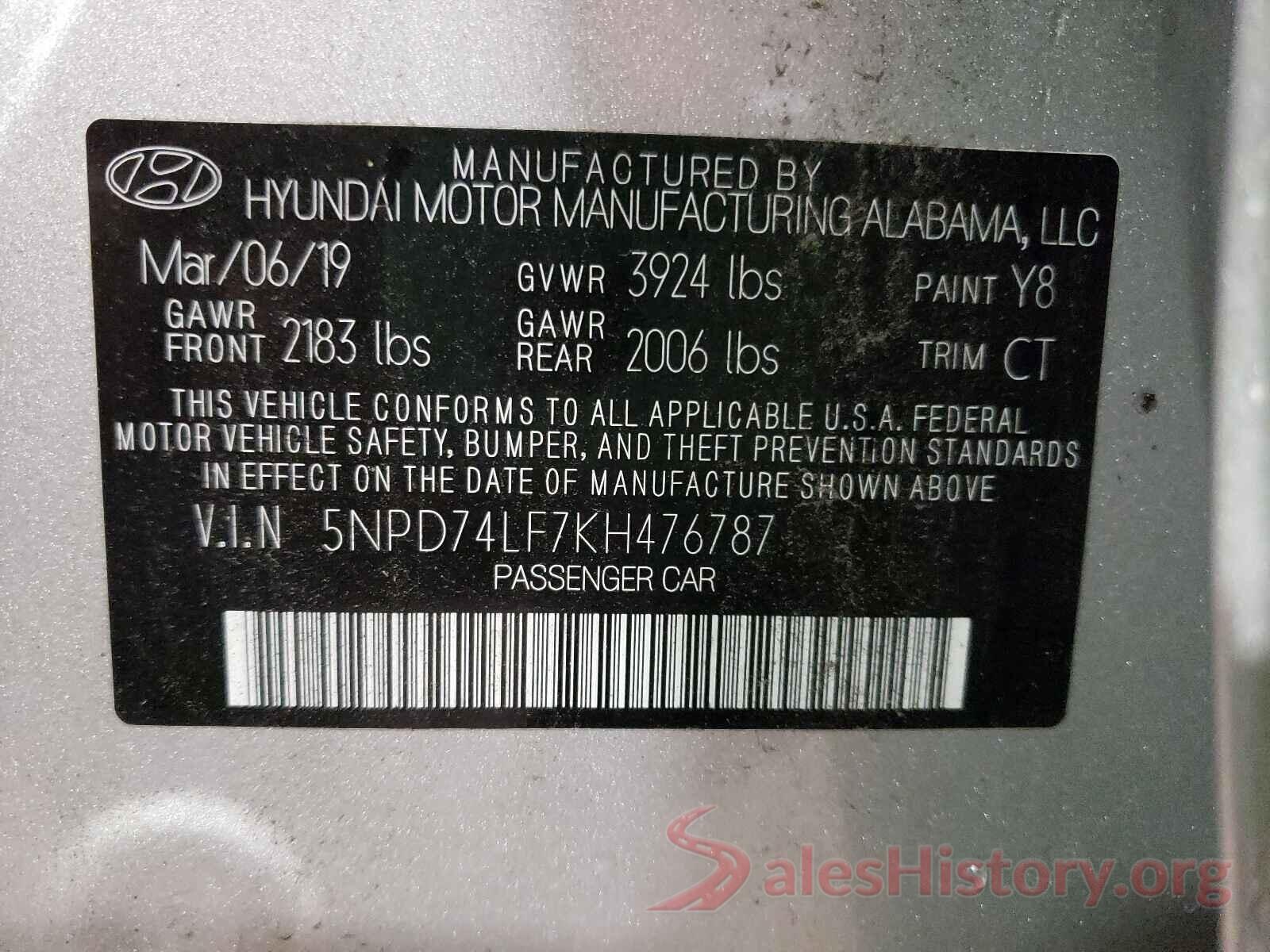 5NPD74LF7KH476787 2019 HYUNDAI ELANTRA