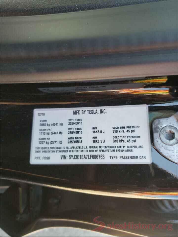 5YJ3E1EA7LF606763 2020 TESLA MODEL 3